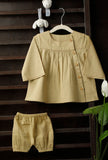 Beige Bamboo Fabric Side Placket Top And Shorts
