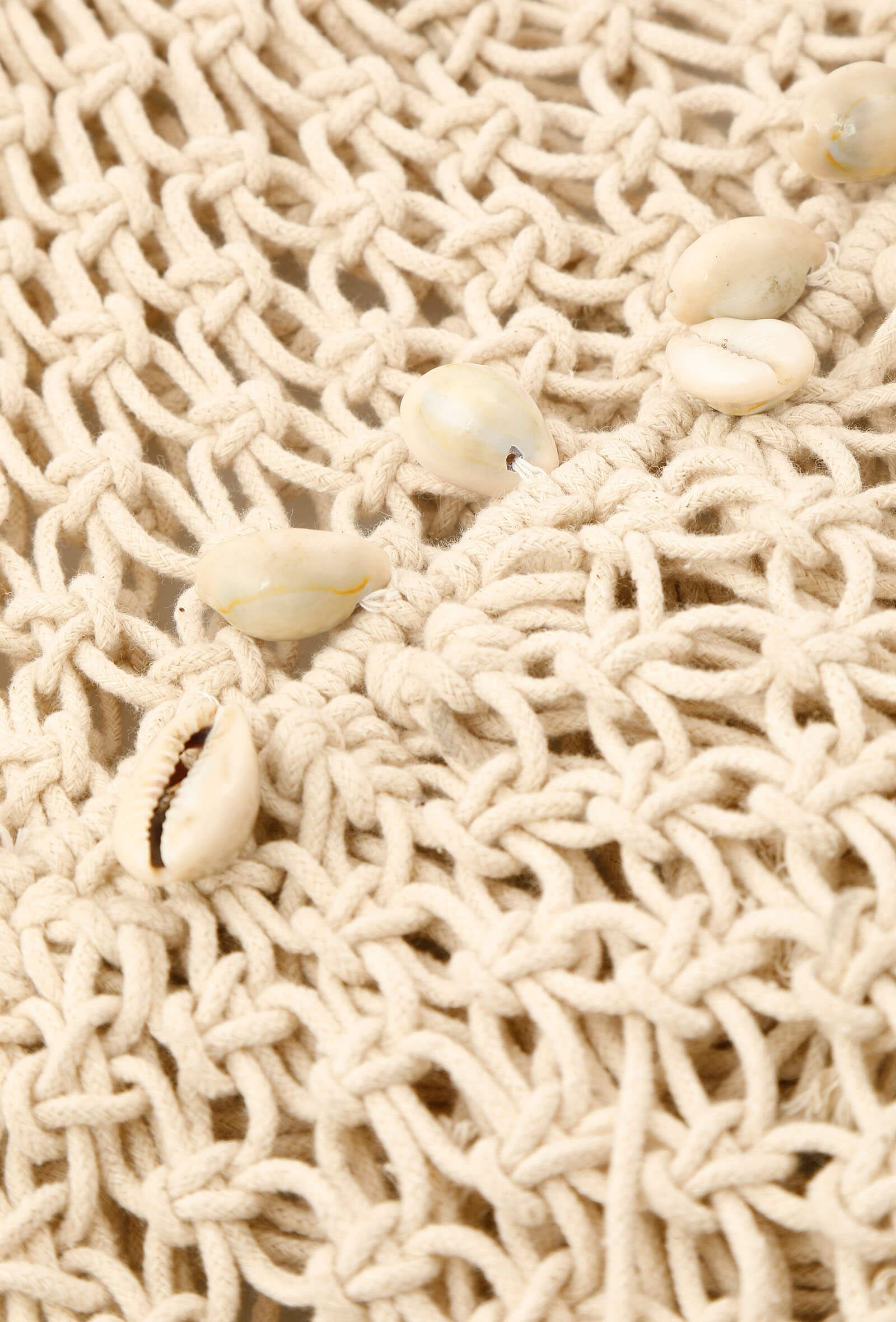 White Counch Macrame Woven Bag With Cruelty-Free Leather  Pouch