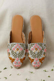 Grey Embroidered Dupion Silk Mules