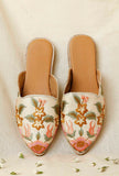 Floral Embroidered White Dupion Silk Mules
