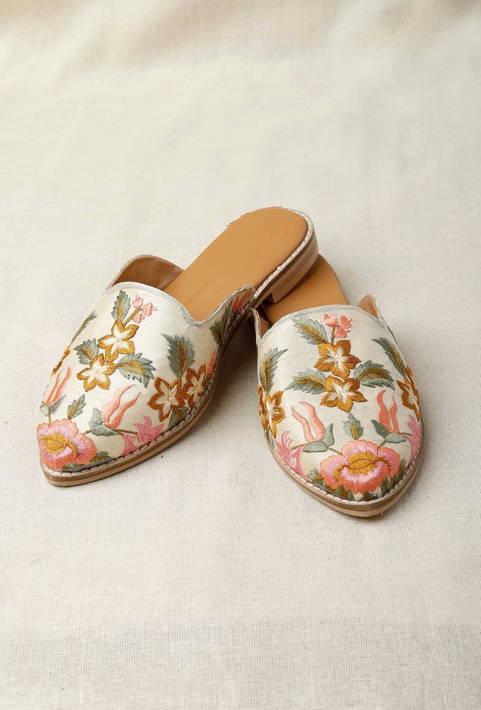 Floral Embroidered White Dupion Silk Mules