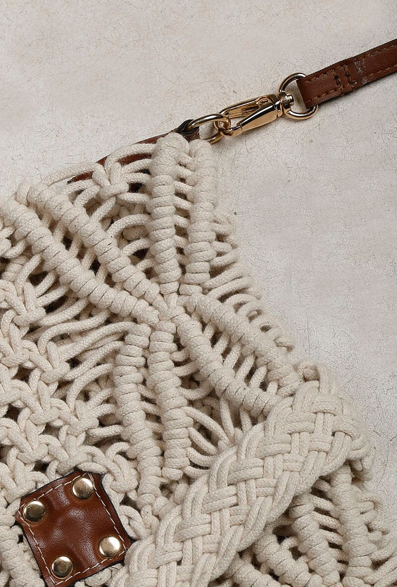 White Sling Macrame Bag With Jaccaurd and Cruelty Free Leather Pouch