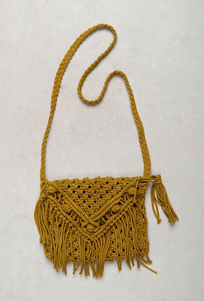 Mustard Yellow Macrame Woven Sling Bag With Jaccurd Cruelty-Free Leather Pouch