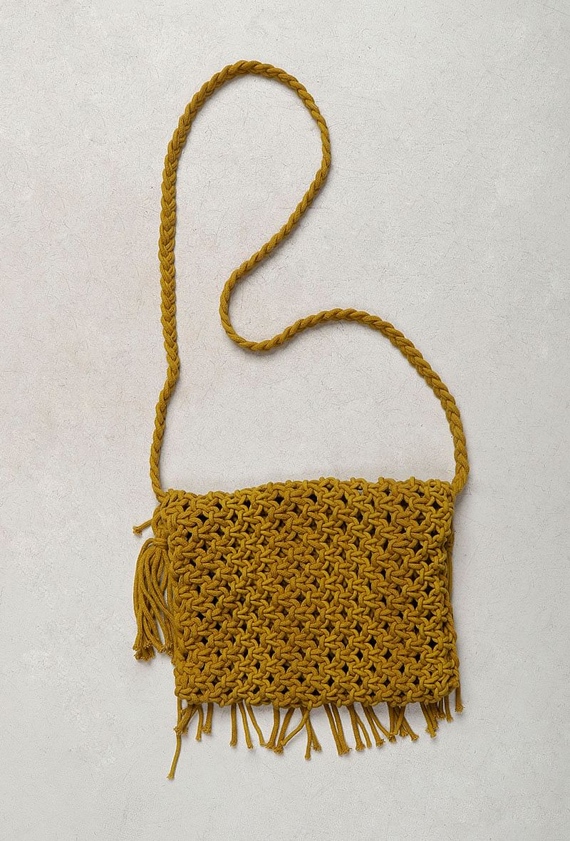 Mustard Yellow Macrame Woven Sling Bag With Jaccurd Cruelty-Free Leather Pouch