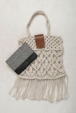 White Macrame Tote Bag With Jaccurd Cruelty Free Leather Pouch