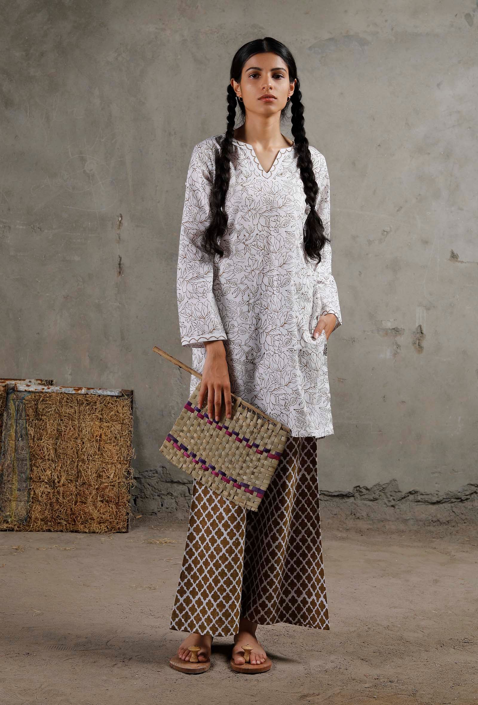 White And Brown Hand Block Printed Cotton Kurta