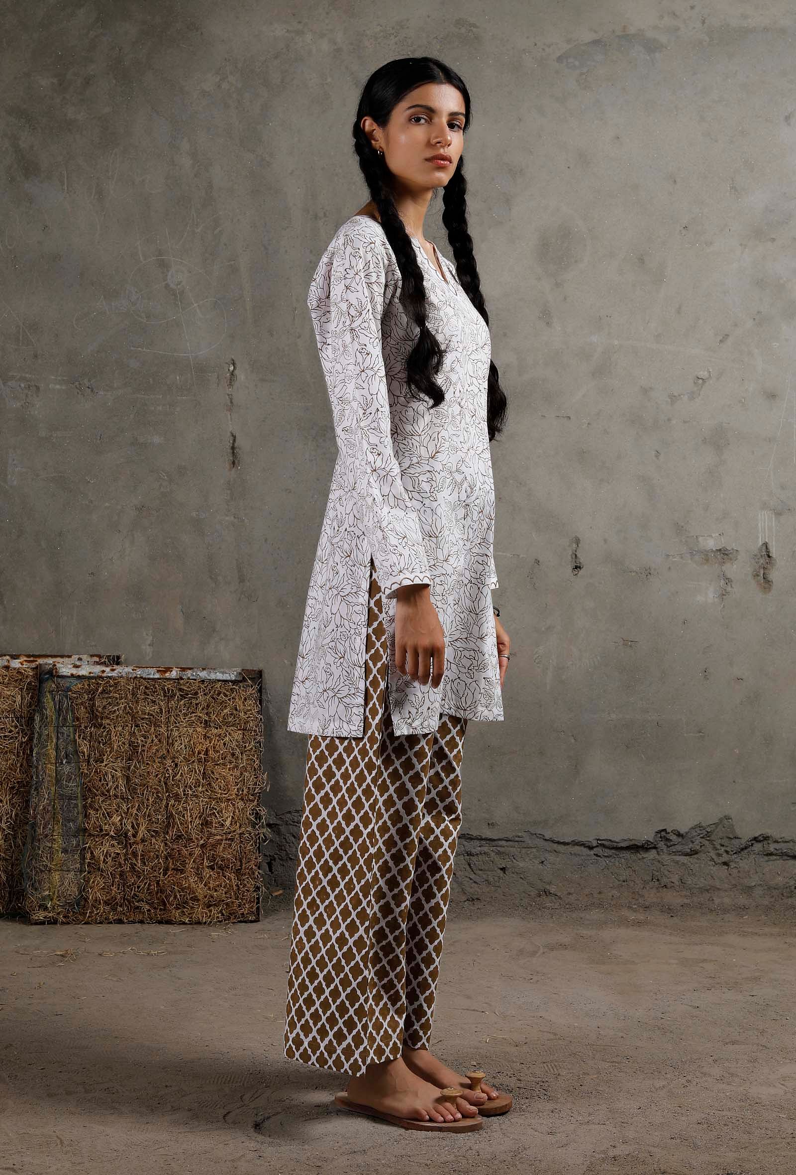 White And Brown Hand Block Printed Cotton Kurta
