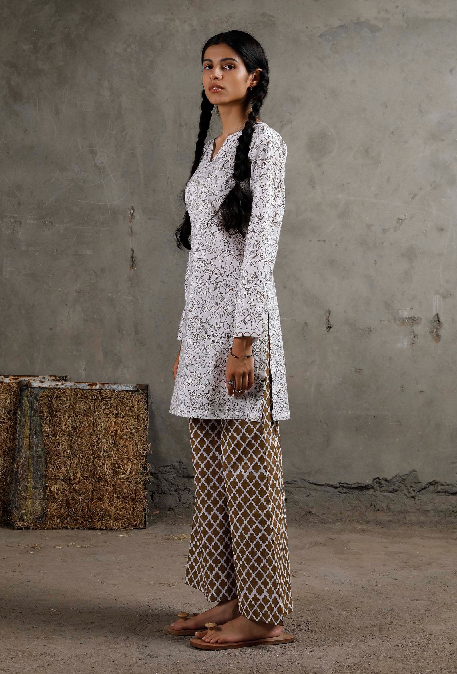 White And Brown Hand Block Printed Cotton Kurta