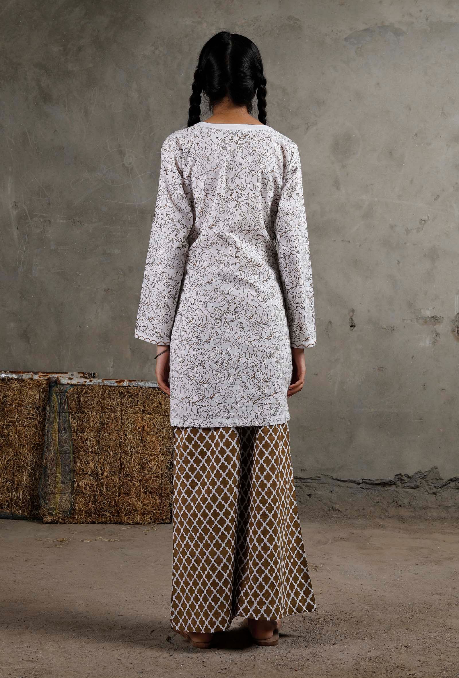 White And Brown Hand Block Printed Cotton Kurta