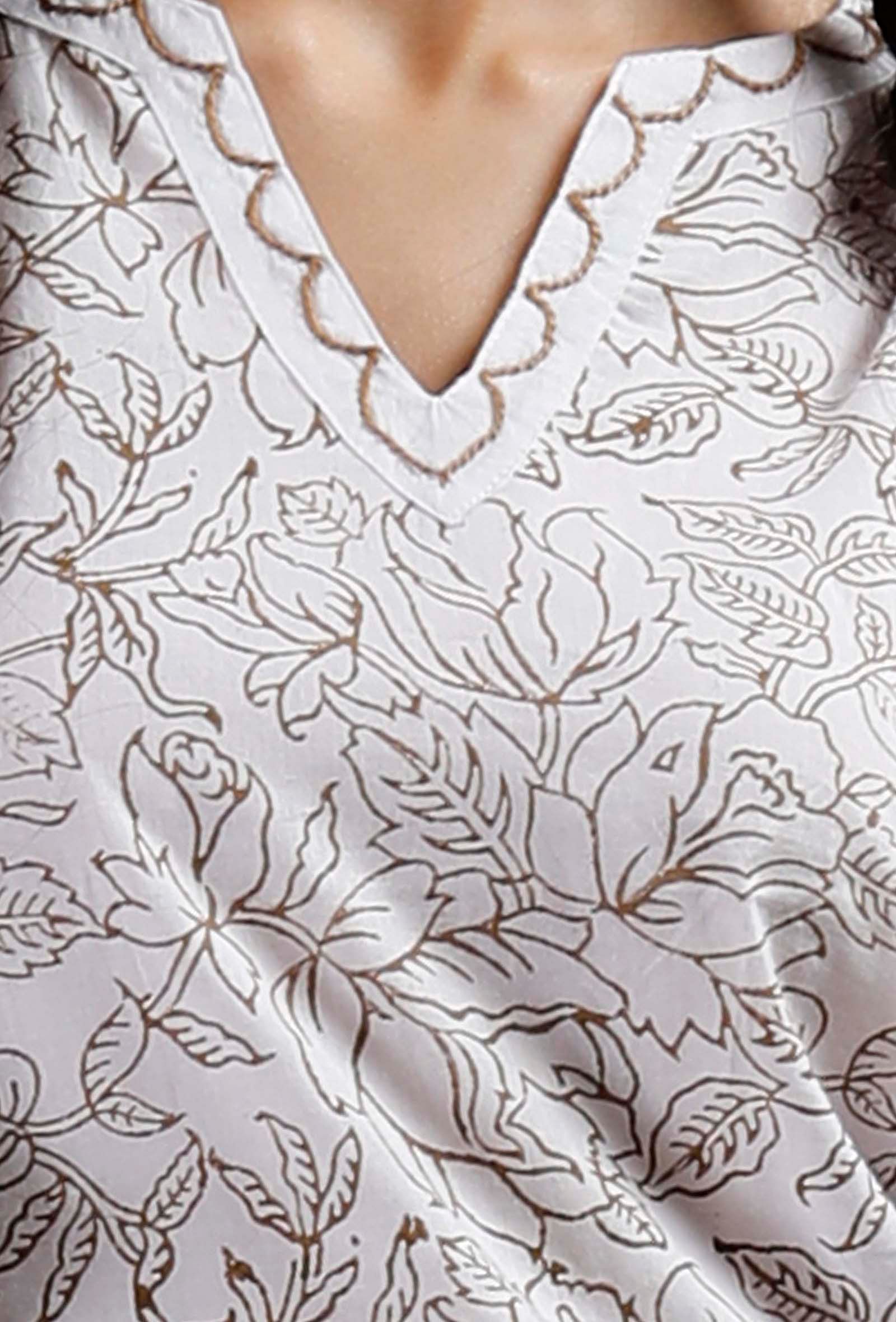 White And Brown Hand Block Printed Cotton Kurta