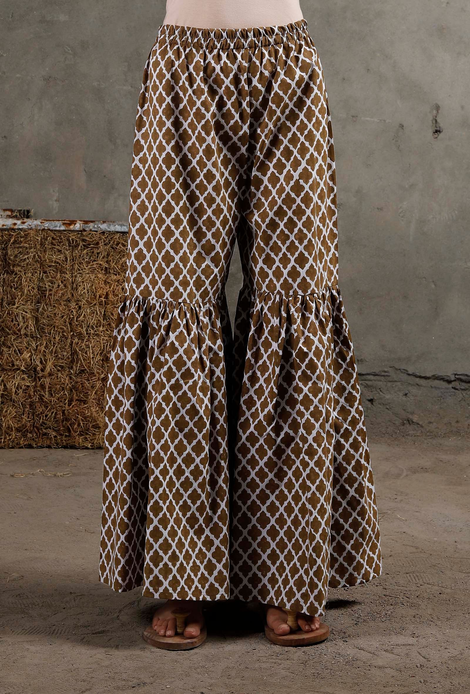 White And Brown Hand Block Printed Cotton Shararas