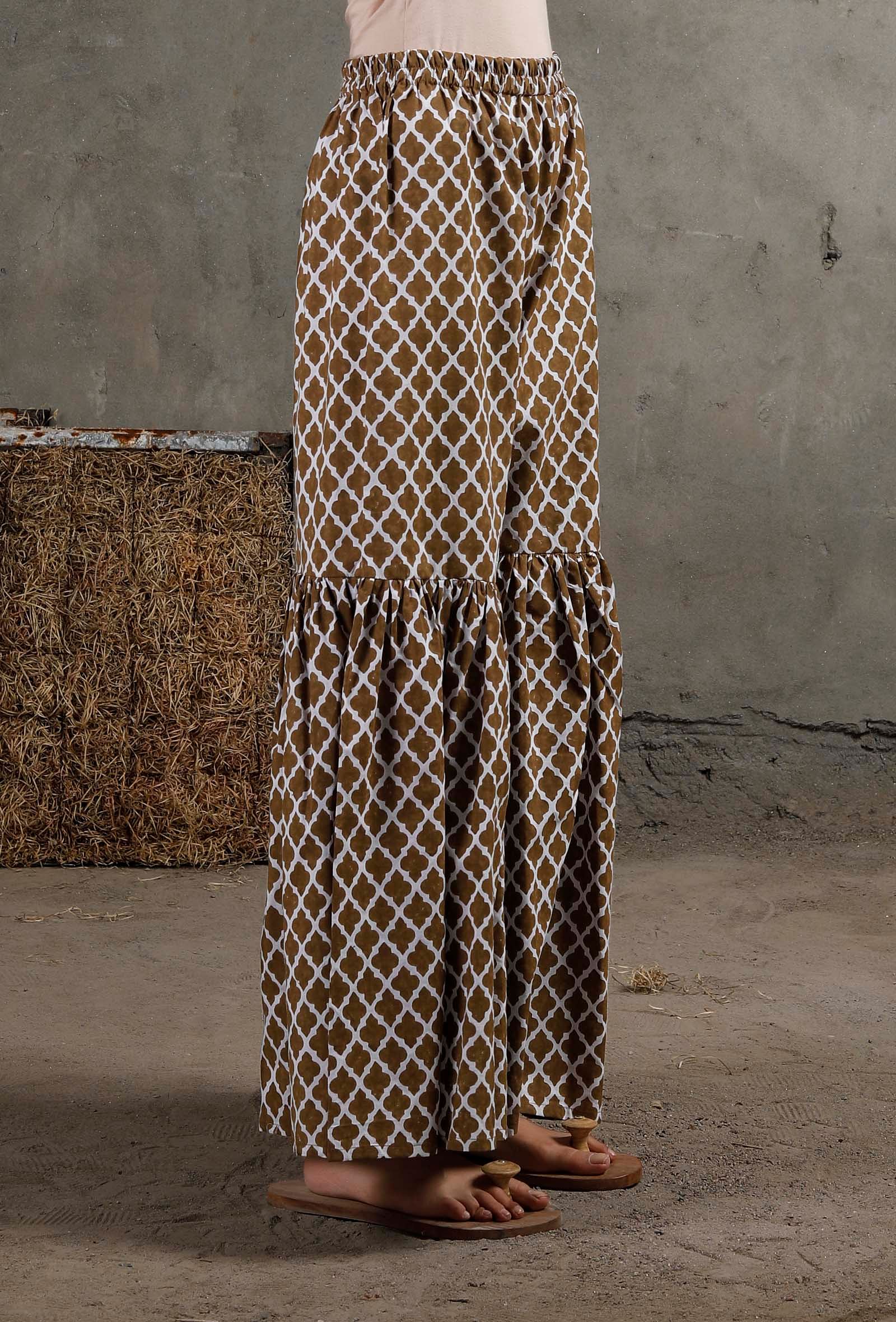 White And Brown Hand Block Printed Cotton Shararas