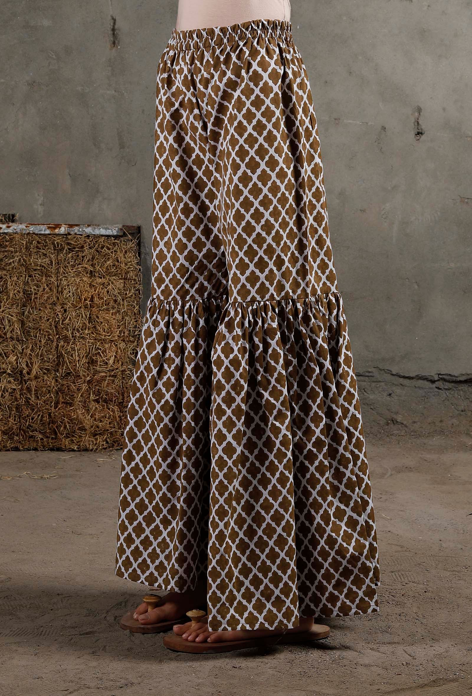 White And Brown Hand Block Printed Cotton Shararas