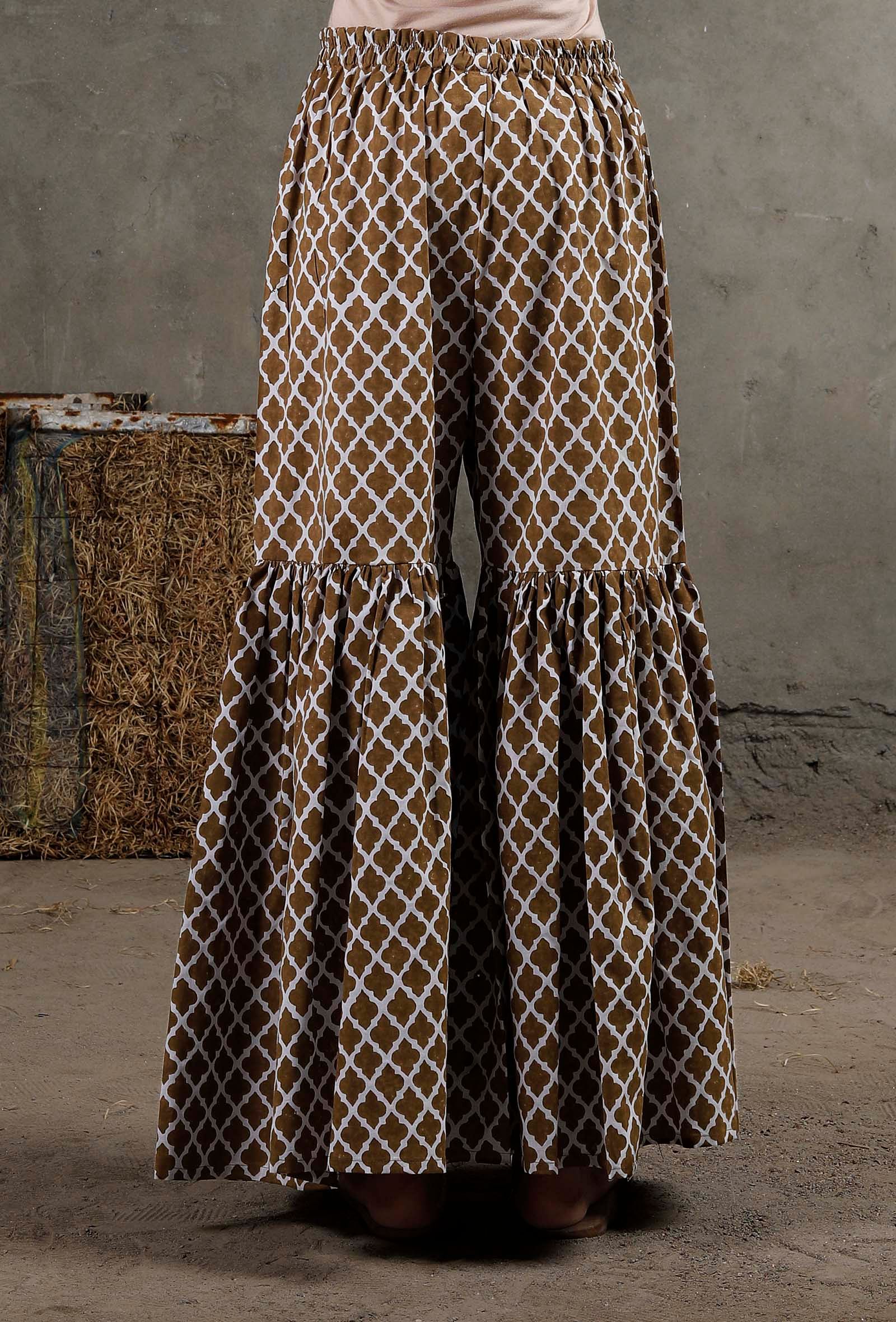 White And Brown Hand Block Printed Cotton Shararas