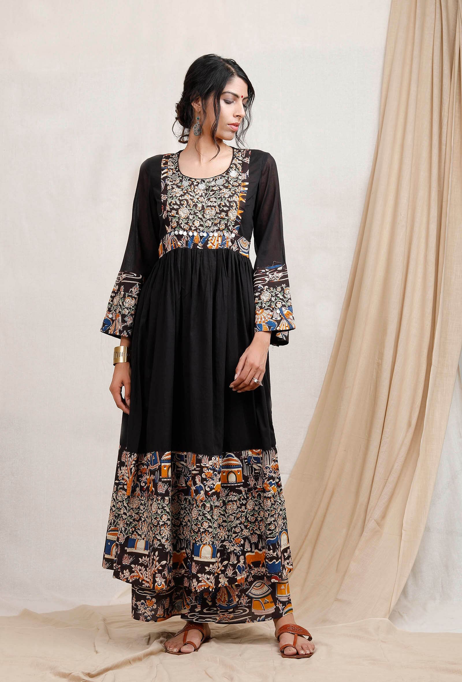 Black Cotton Kurta With Kalamkari Border