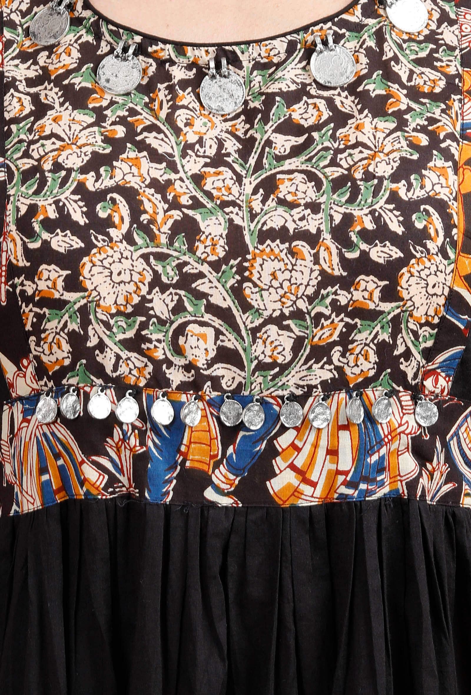 Black Cotton Kurta With Kalamkari Border