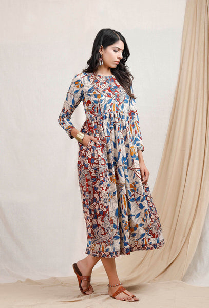 Dual Print Kalamkari Cotton Midi Dress