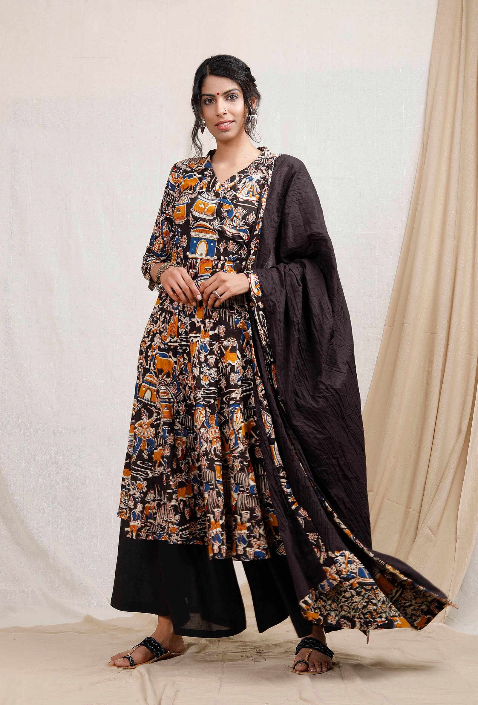 Set Of 3: Kalamkari Triple Print Kurta With Palazzos And Dupatta
