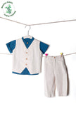 Set of 3: Off White Cotton Waistcoat and Pants with Blue Bamboo Shirt