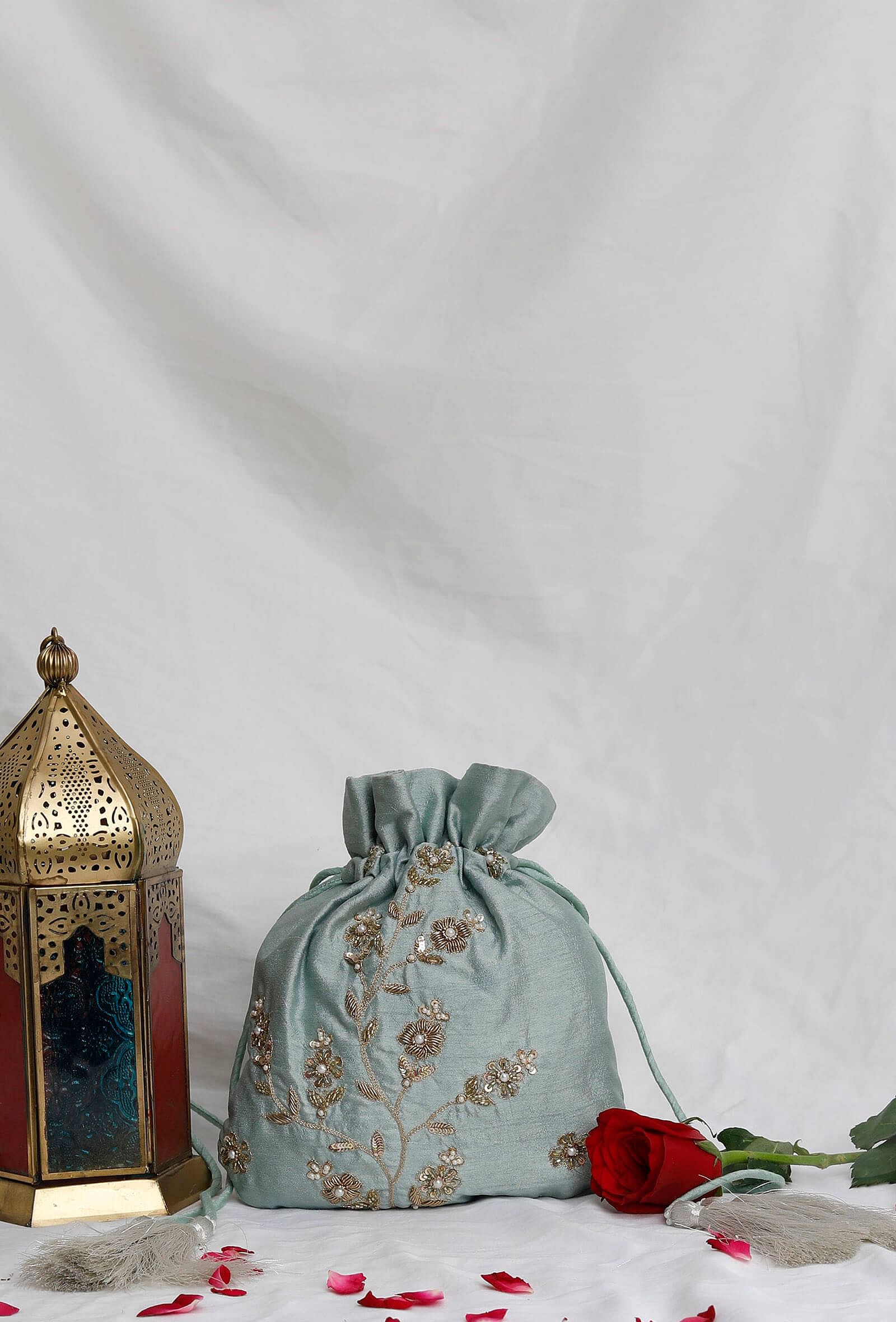 Moonstone Blue Dupion Silk Potli