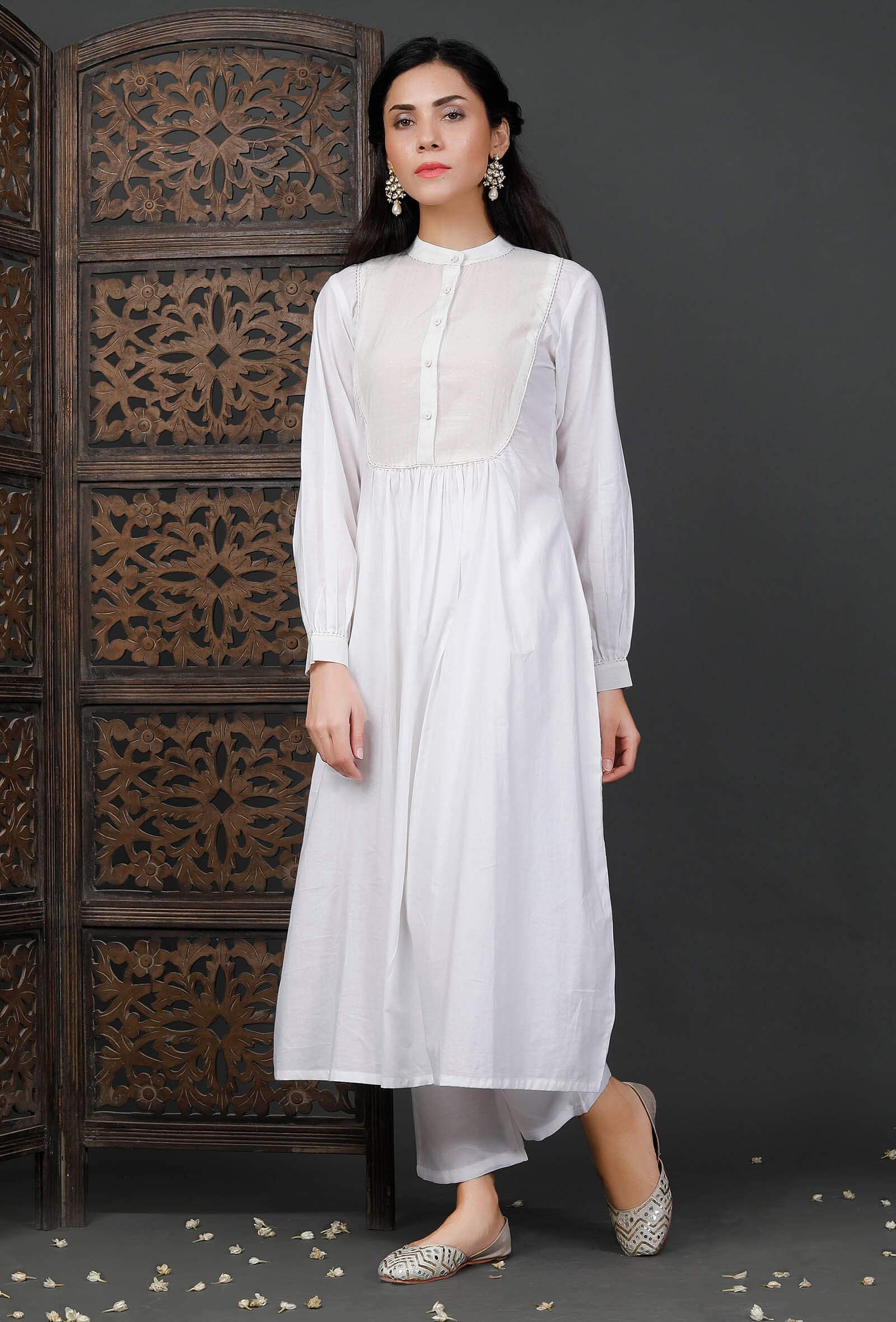 White Cotton Kurta With Zari Stitch Lines