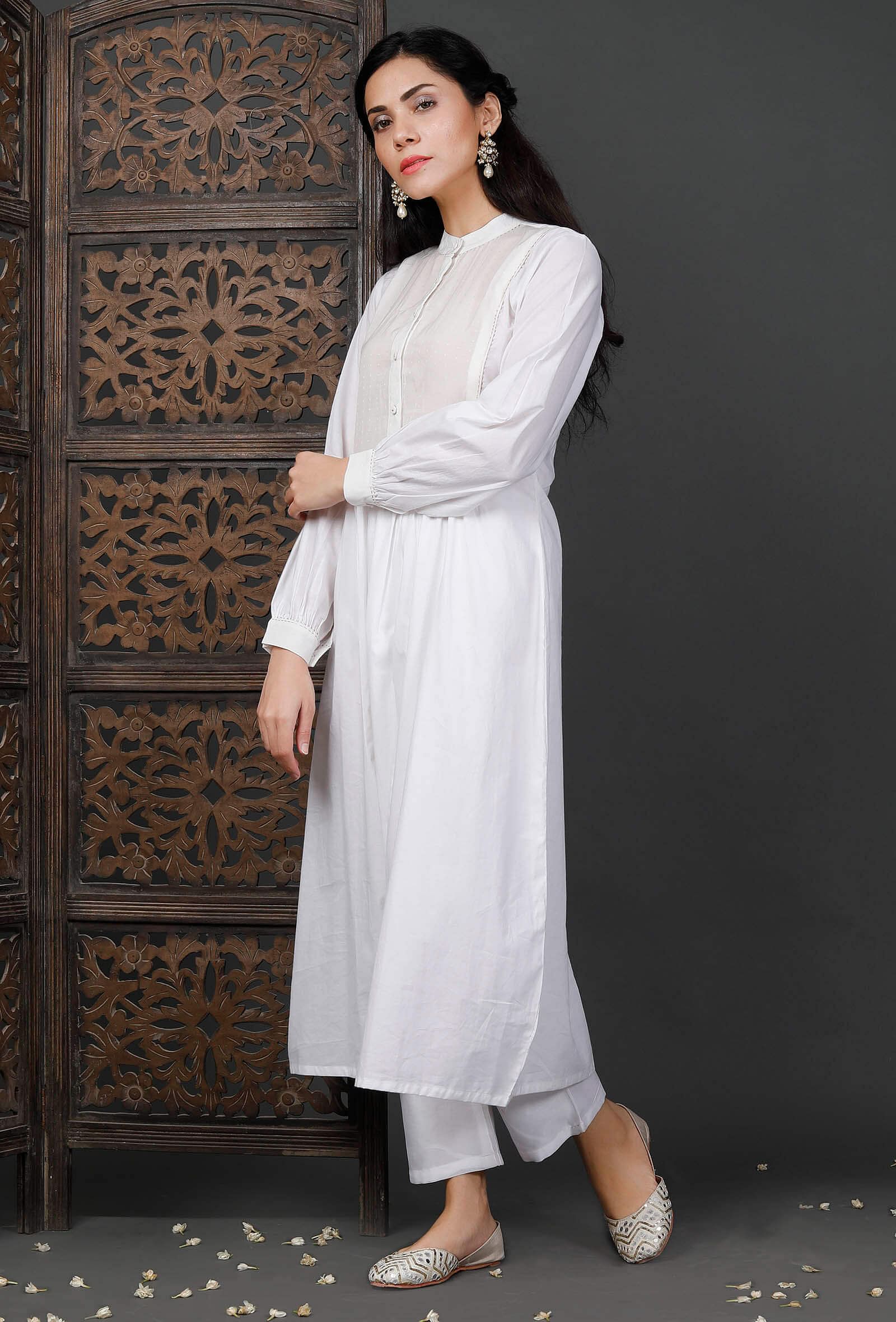 White Cotton Kurta With Zari Stitch Lines