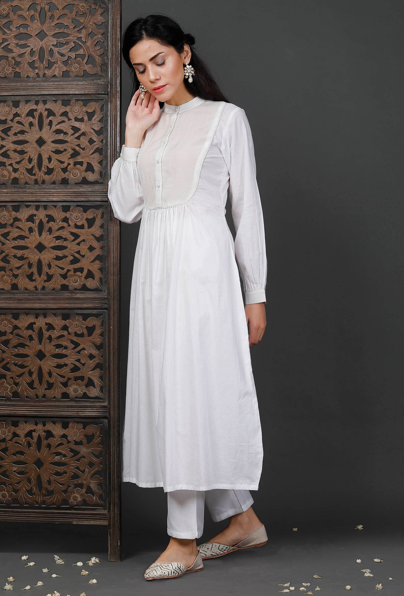 White Cotton Kurta With Zari Stitch Lines