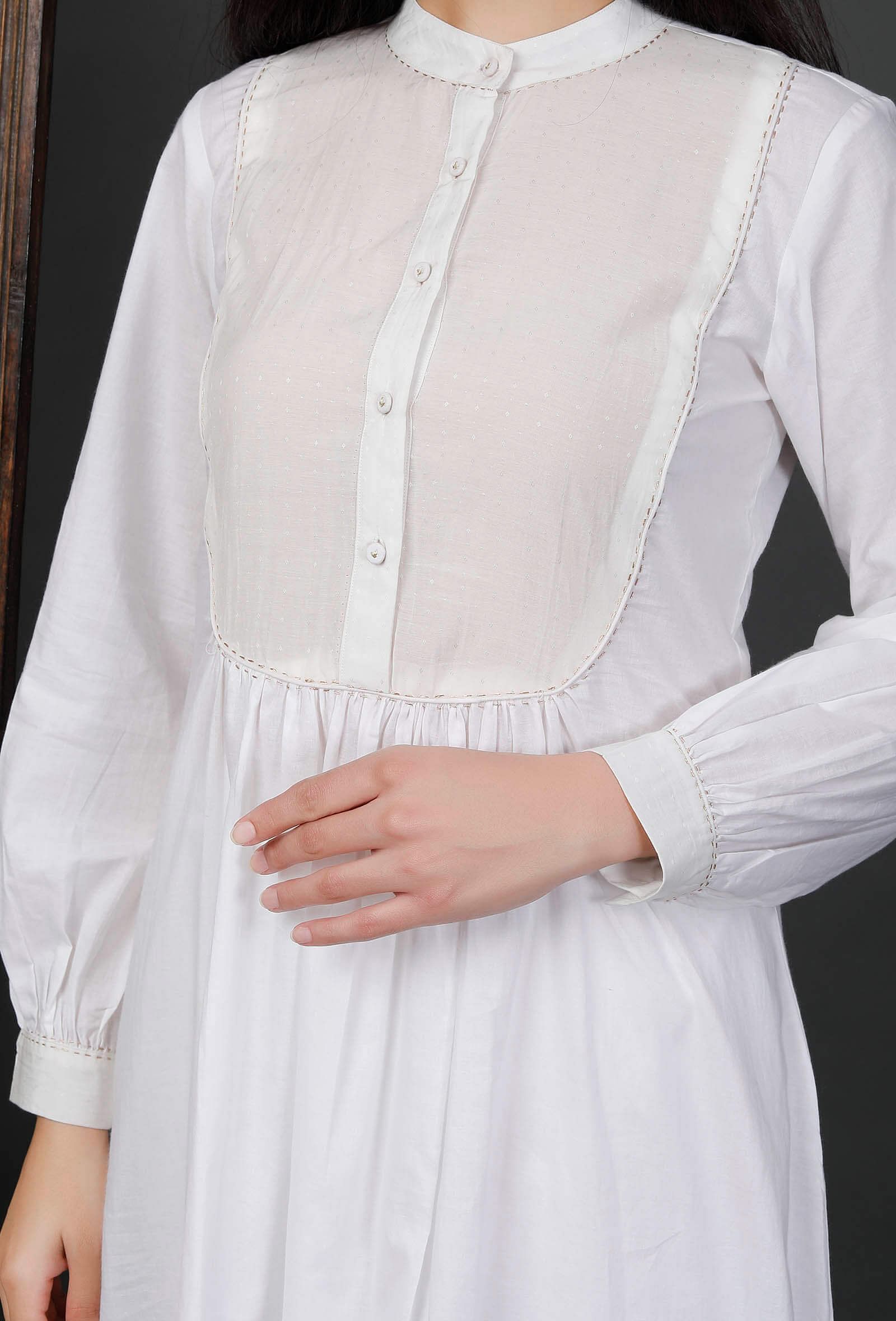 White Cotton Kurta With Zari Stitch Lines