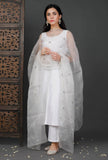 Set of 3: White Chanderi Kurta, Pants And Organza Dupatta