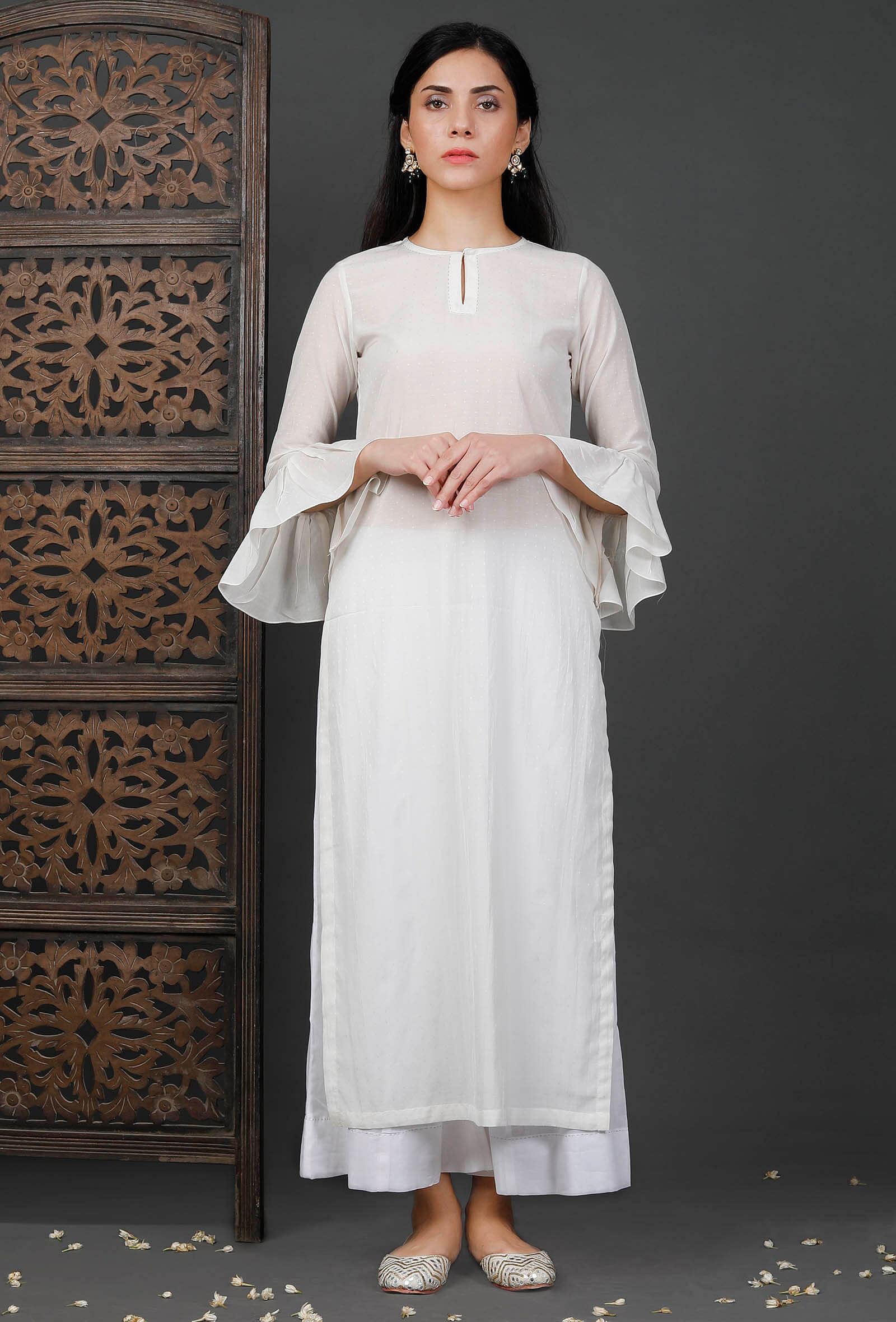Bell Sleeves White Soya Cotton Kurta