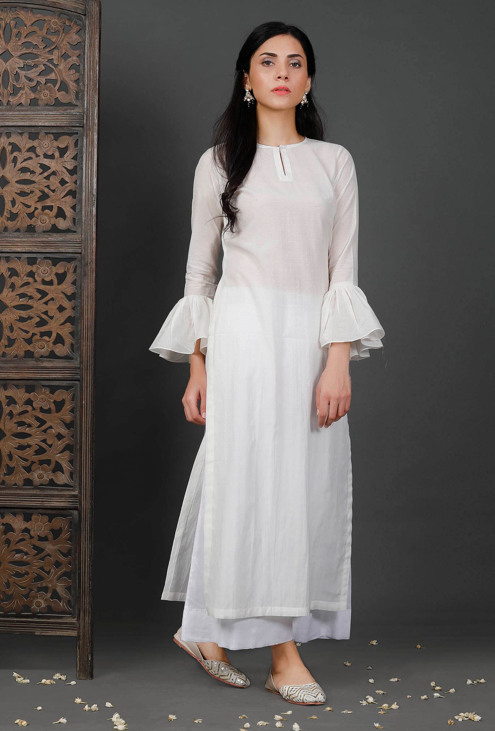 Bell Sleeves White Soya Cotton Kurta