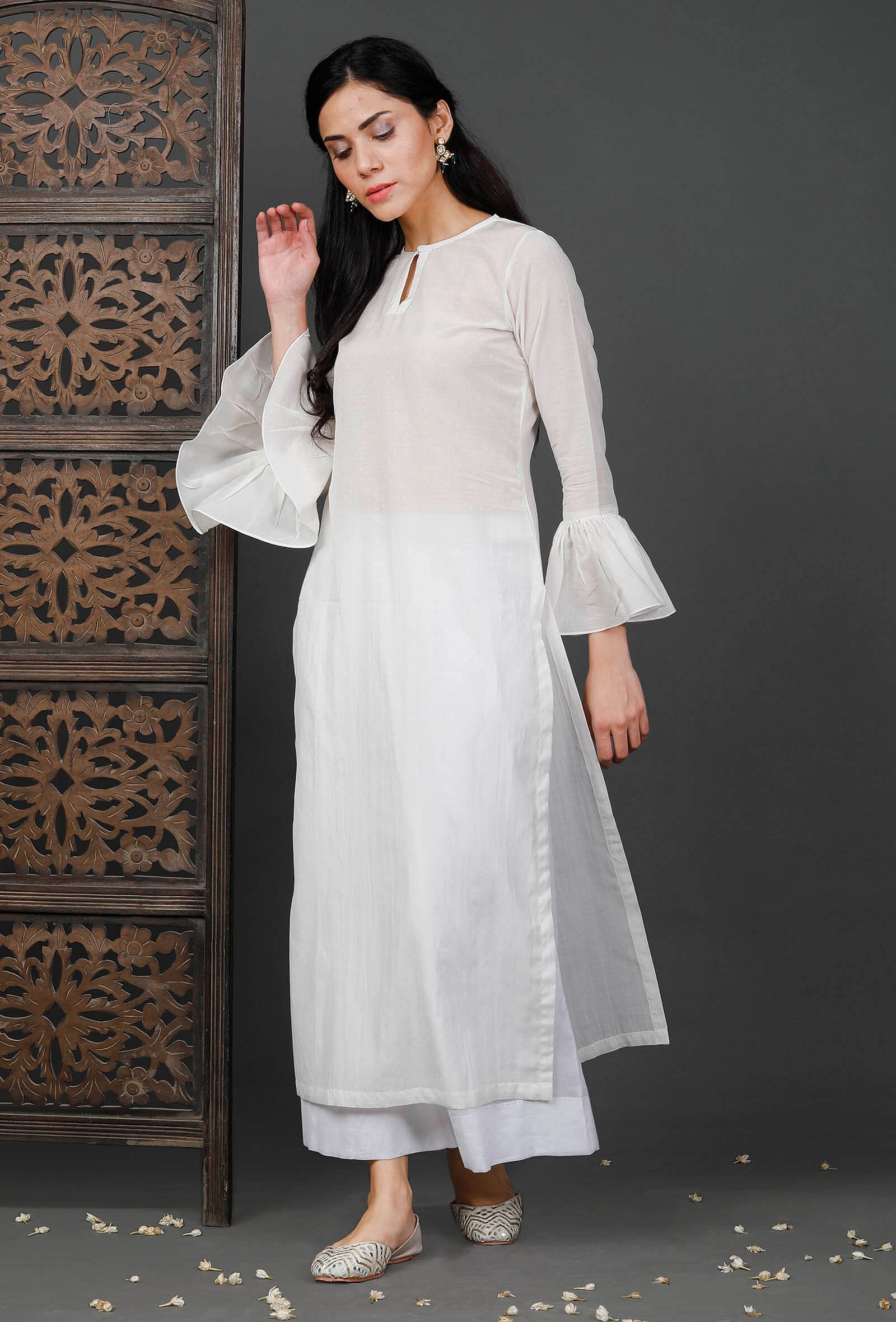 Bell Sleeves White Soya Cotton Kurta