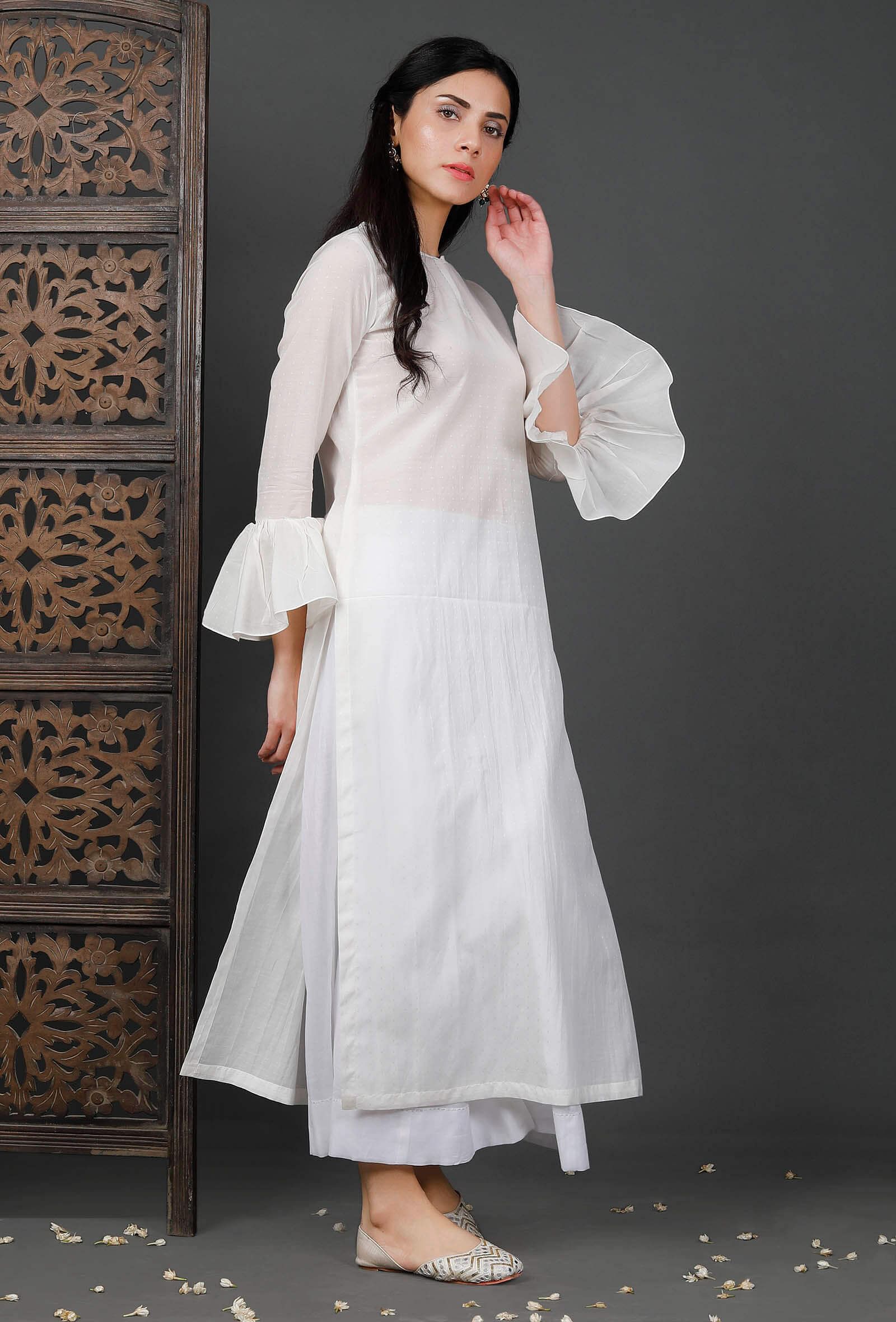Bell Sleeves White Soya Cotton Kurta