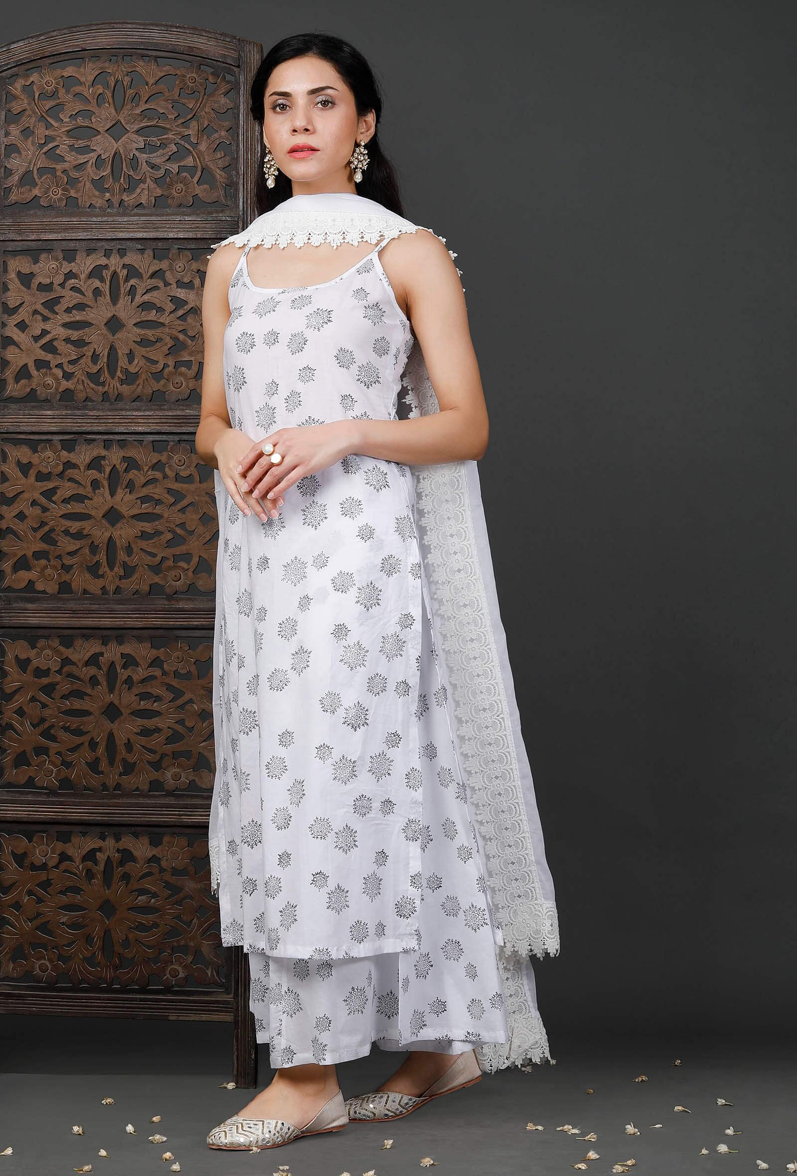 Set Of 3: Printed White Kurta, Culottes And White Cotton Dupatta
