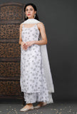 Set Of 3: Printed White Kurta, Culottes And White Cotton Dupatta