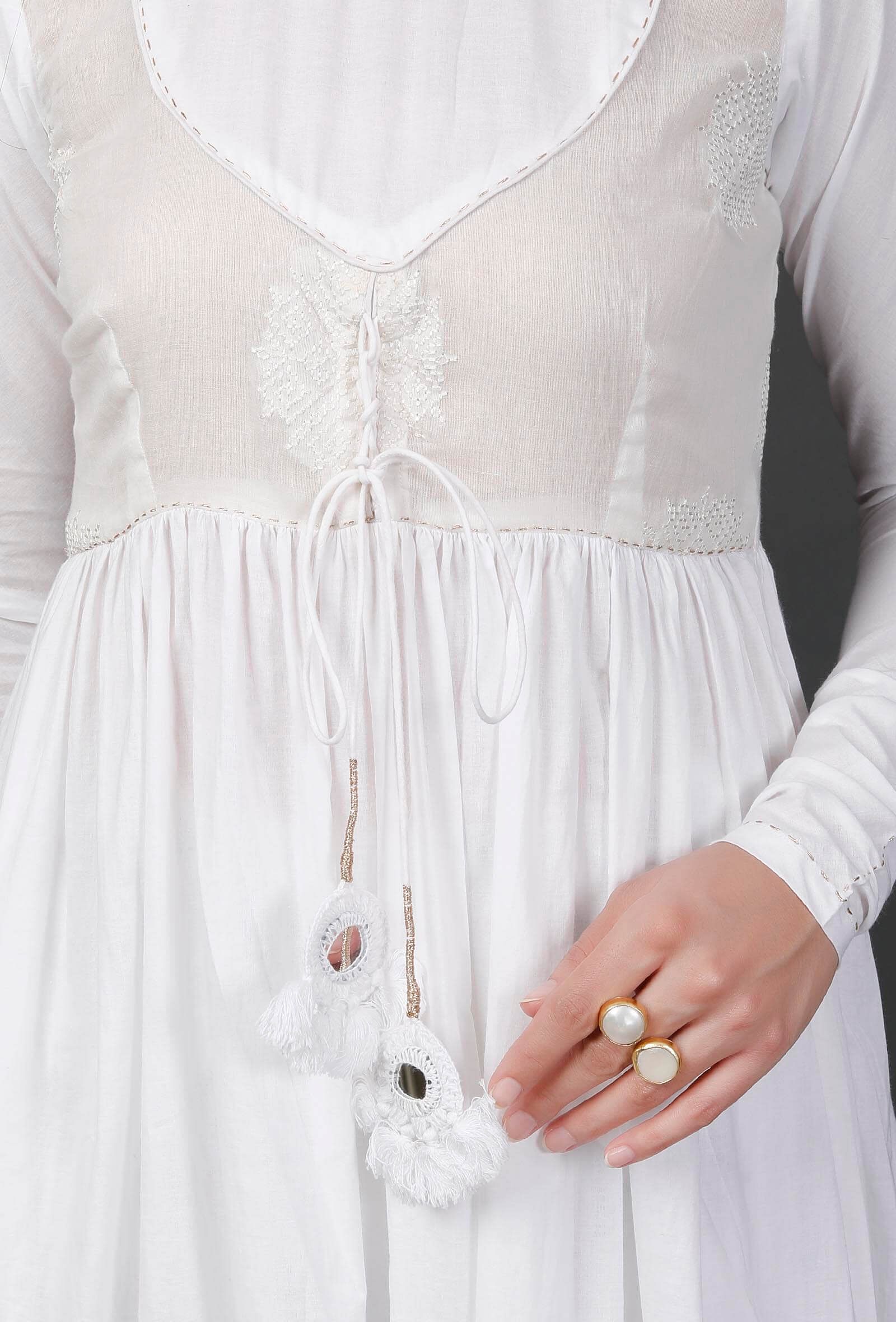 White Embroidered Gathered Kurta