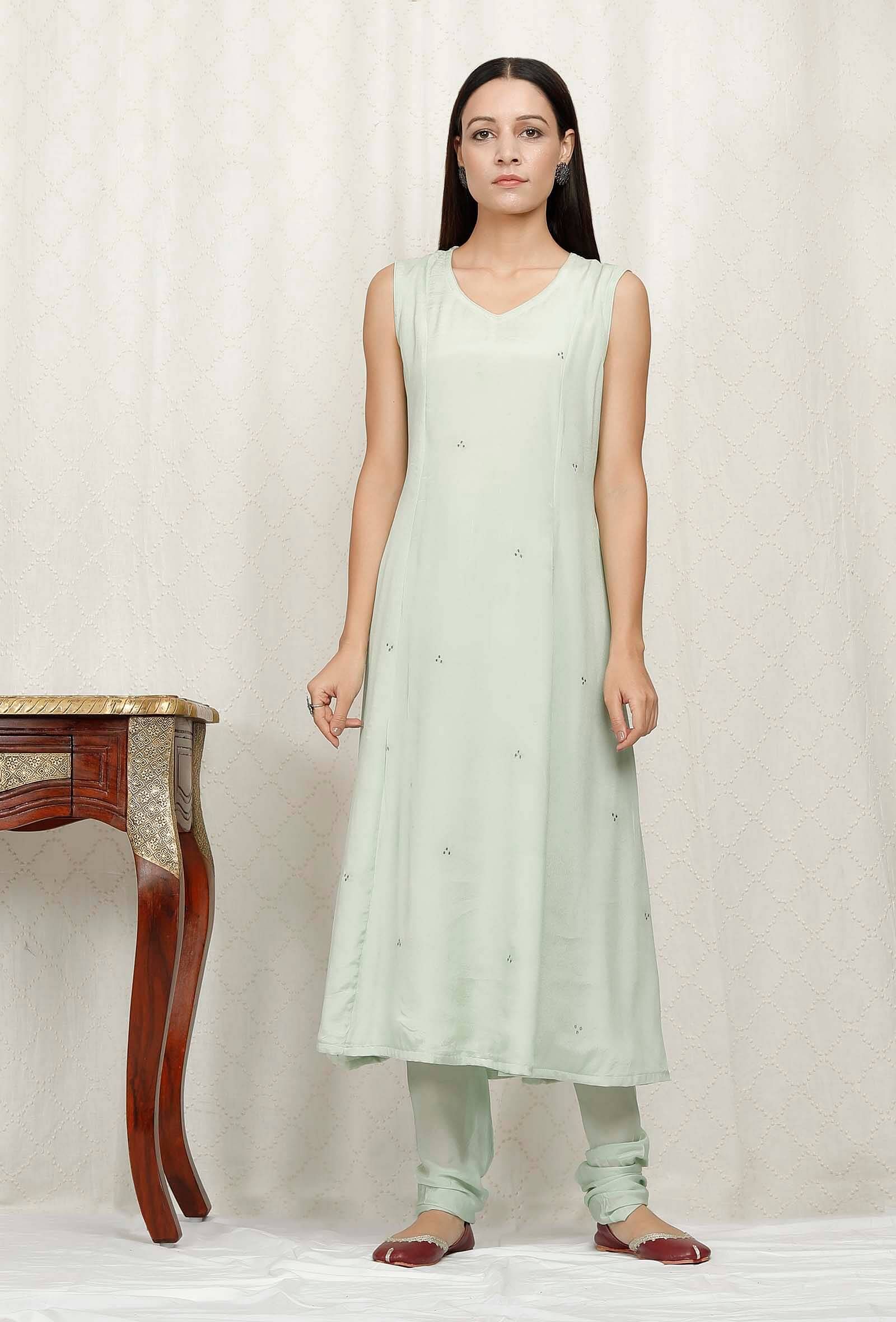 Mint Green Embroidered Chinon Kurta