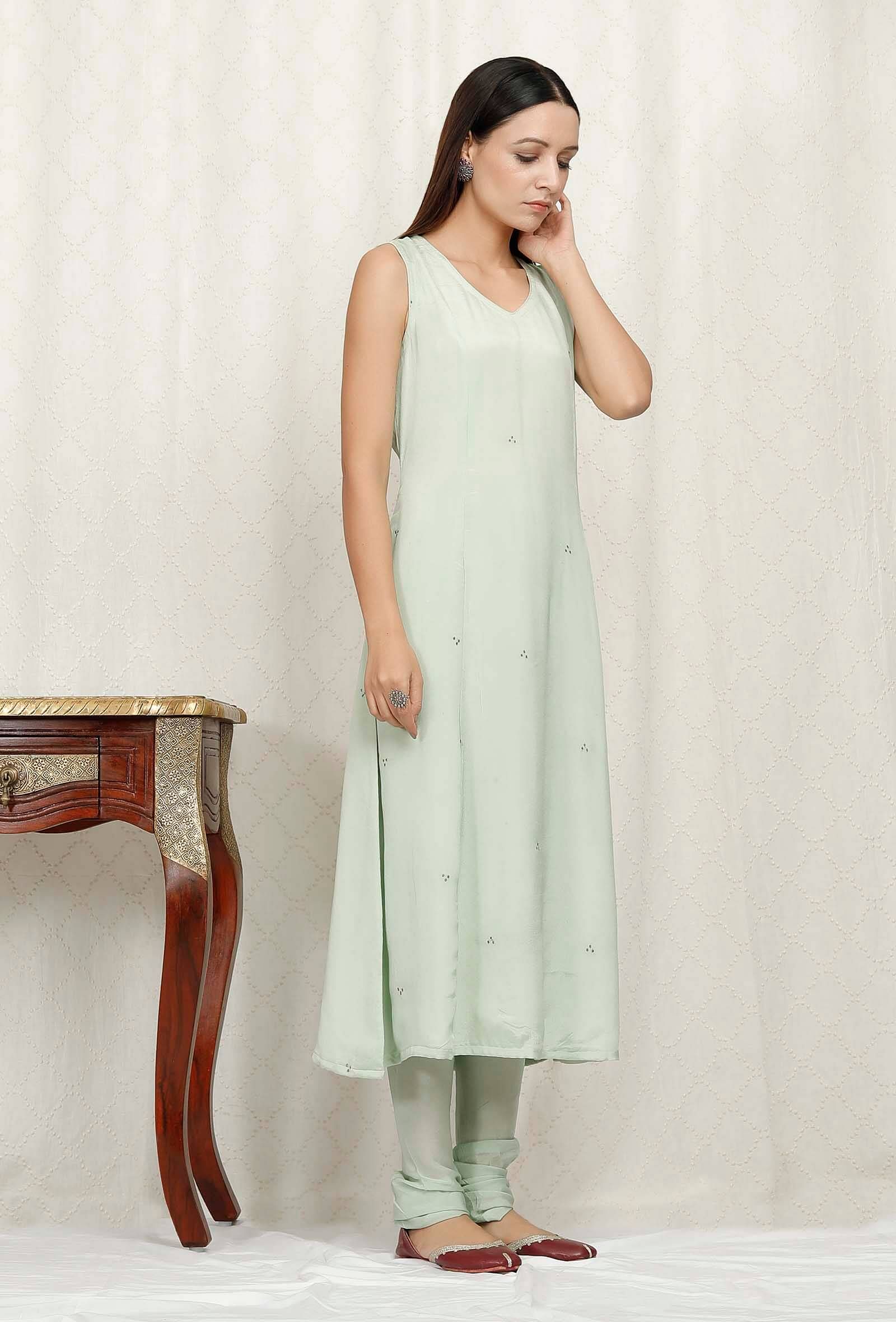 Mint Green Embroidered Chinon Kurta