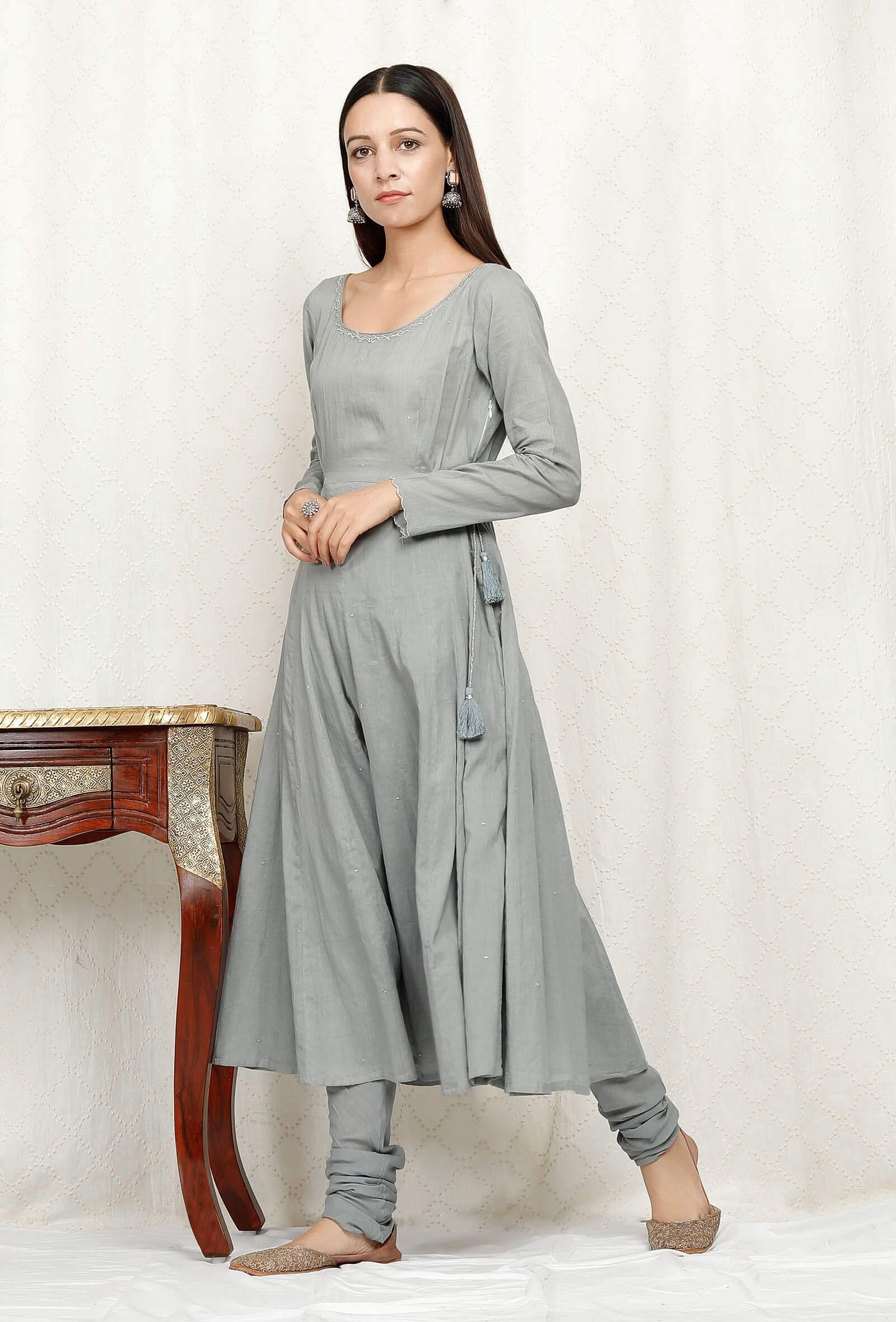 Zari Embroidered Grey Cotton Kurta