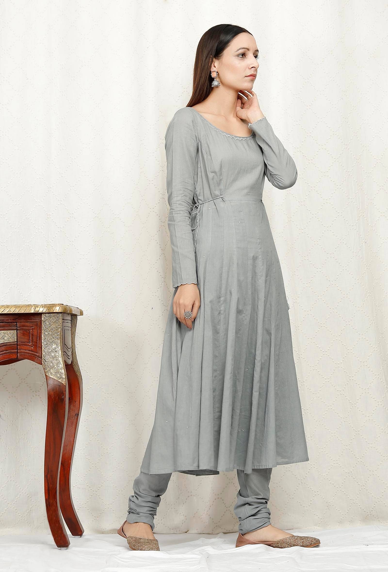 Zari Embroidered Grey Cotton Kurta