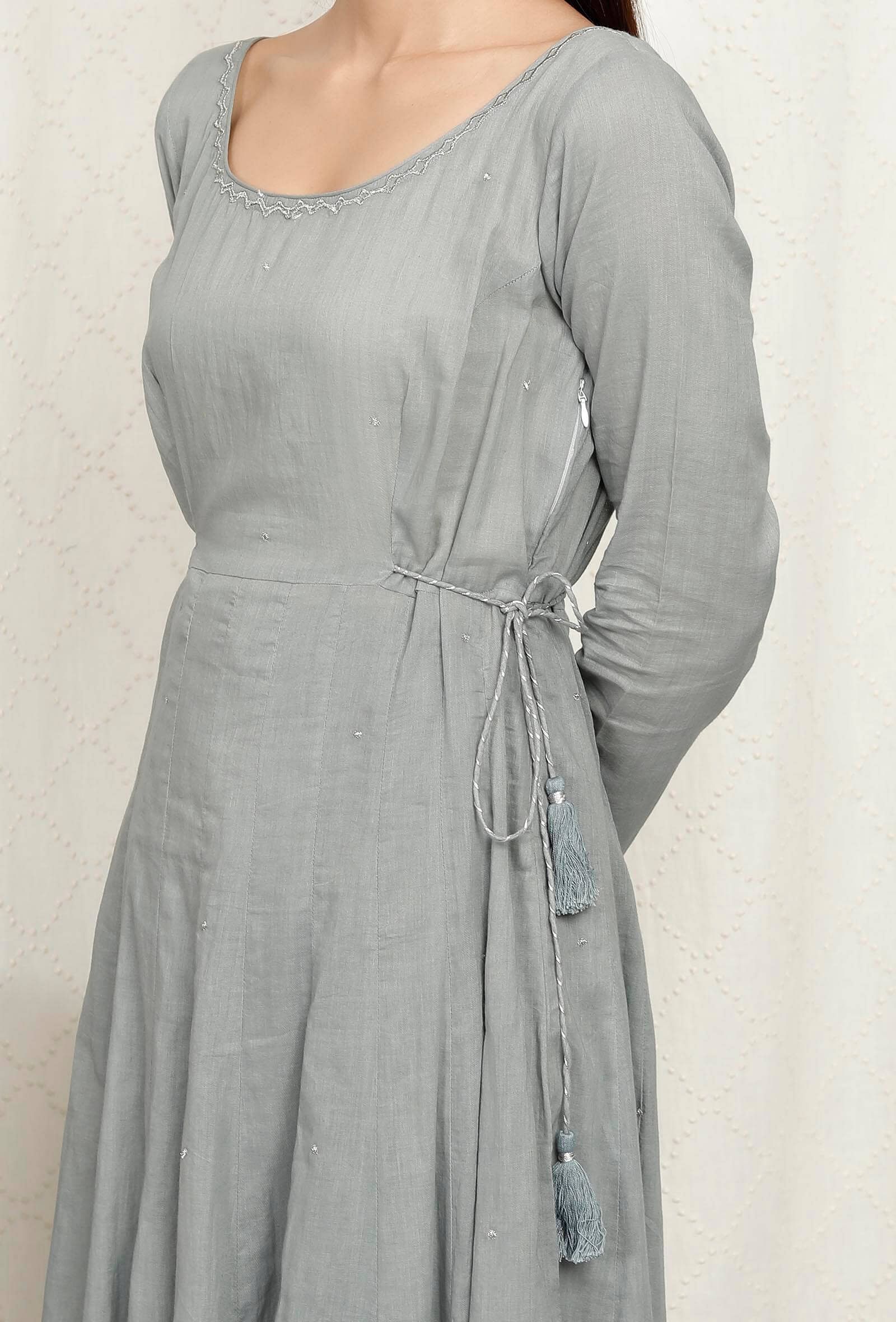 Zari Embroidered Grey Cotton Kurta