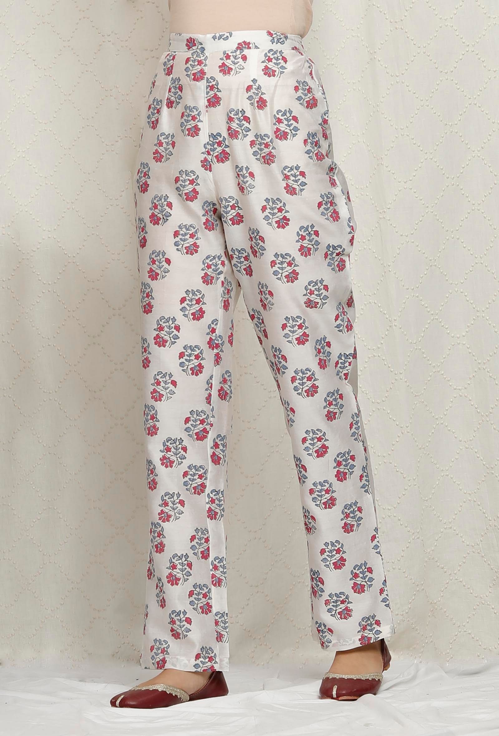 White Chanderi Hand Block Printed Pants