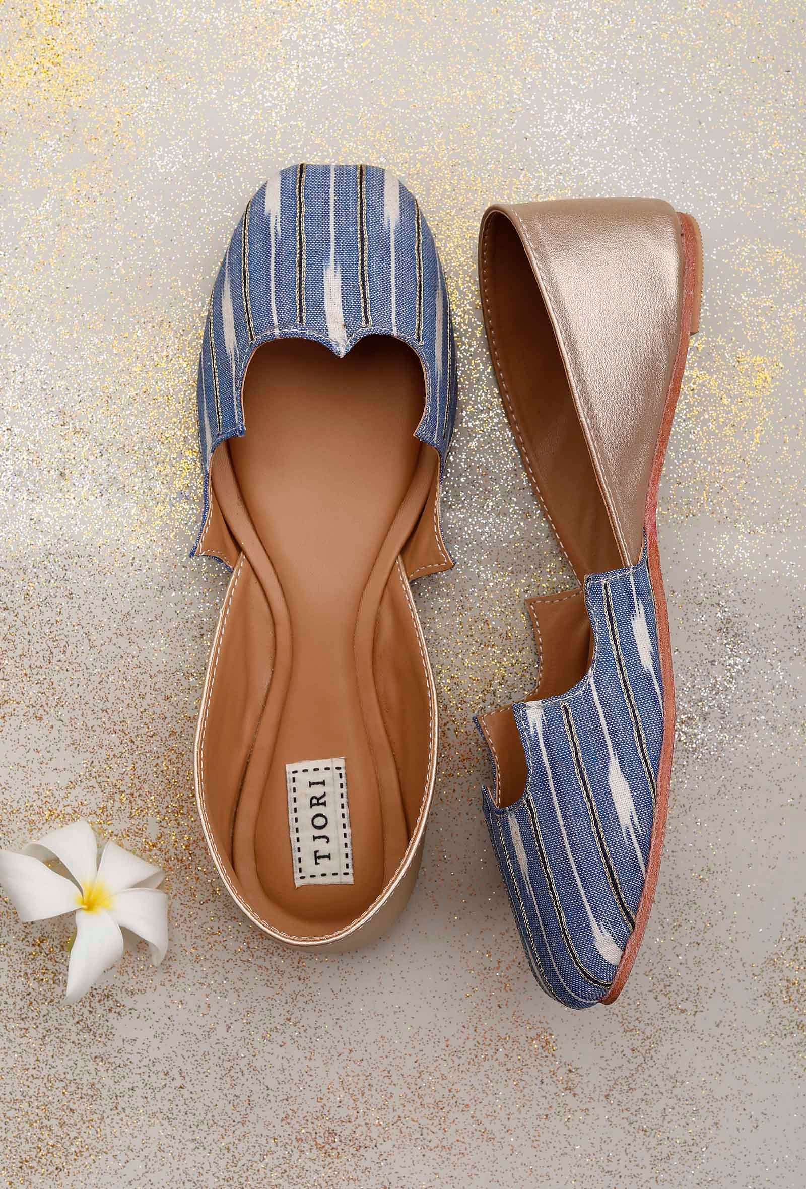 Sky Blue Heart Embroidery Ikat Jutti