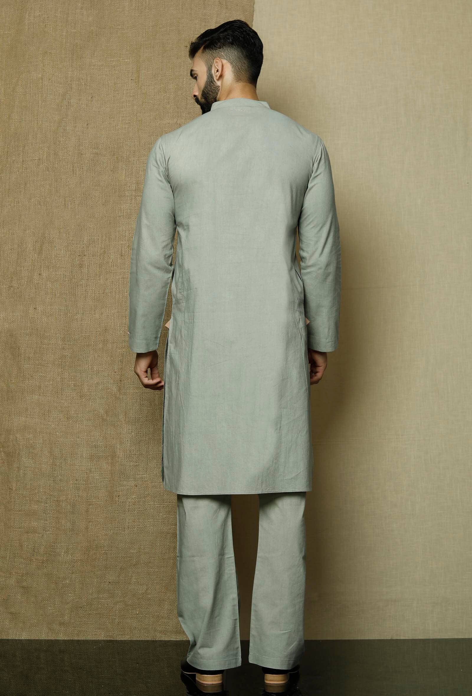 Set of 2:Grey Cotton Kurta with Yoke and Pyjama