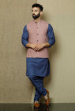 Set of 3:Ocean Blue Side Placket Kurta and Pyjama with Muted Lavender Nehru Jacket