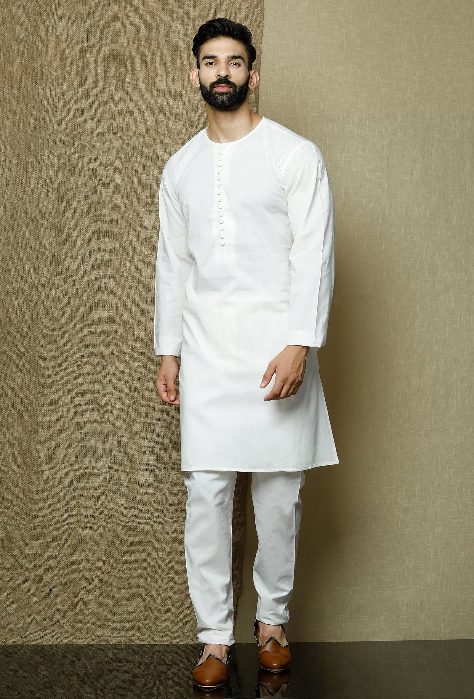 Set of 2:Safed Round Neck  Cotton Kurta and Pyjama