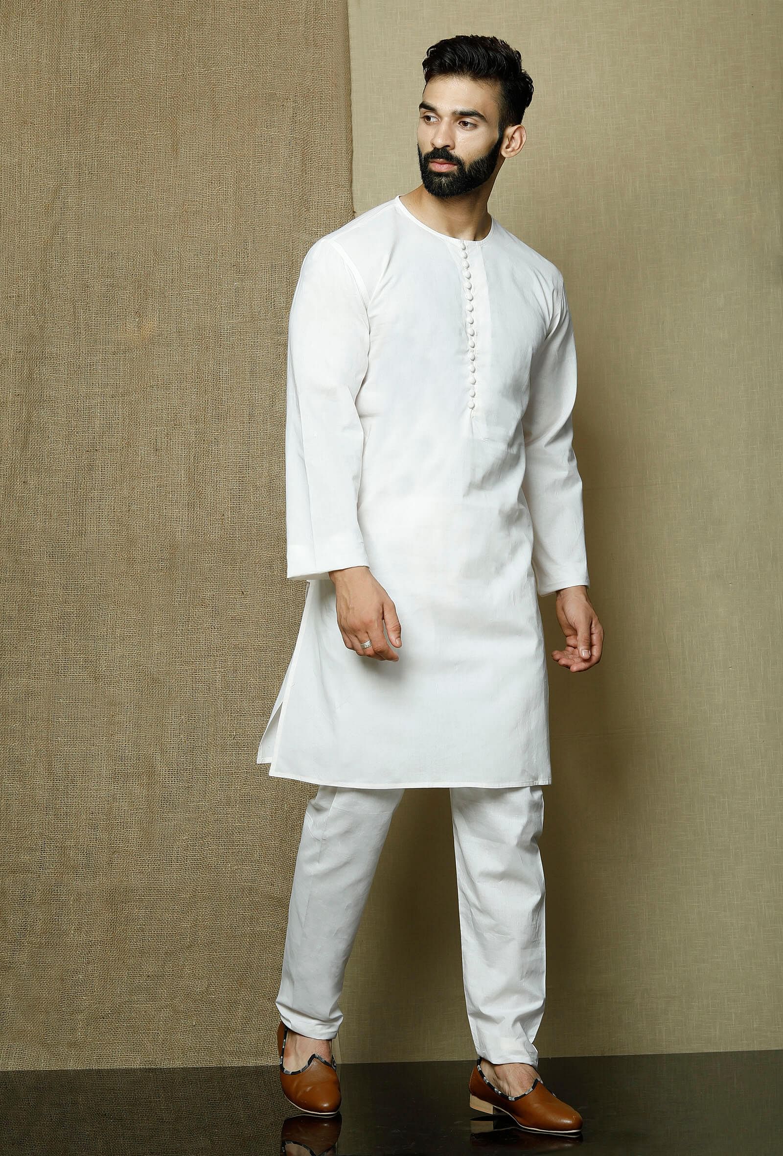 Set of 2:Safed Round Neck  Cotton Kurta and Pyjama