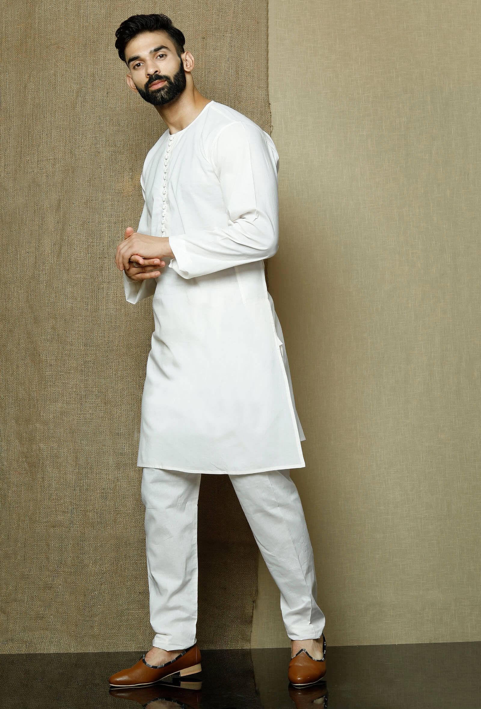 Set of 2:Safed Round Neck  Cotton Kurta and Pyjama