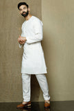 Set of 2:Safed Round Neck  Cotton Kurta and Pyjama