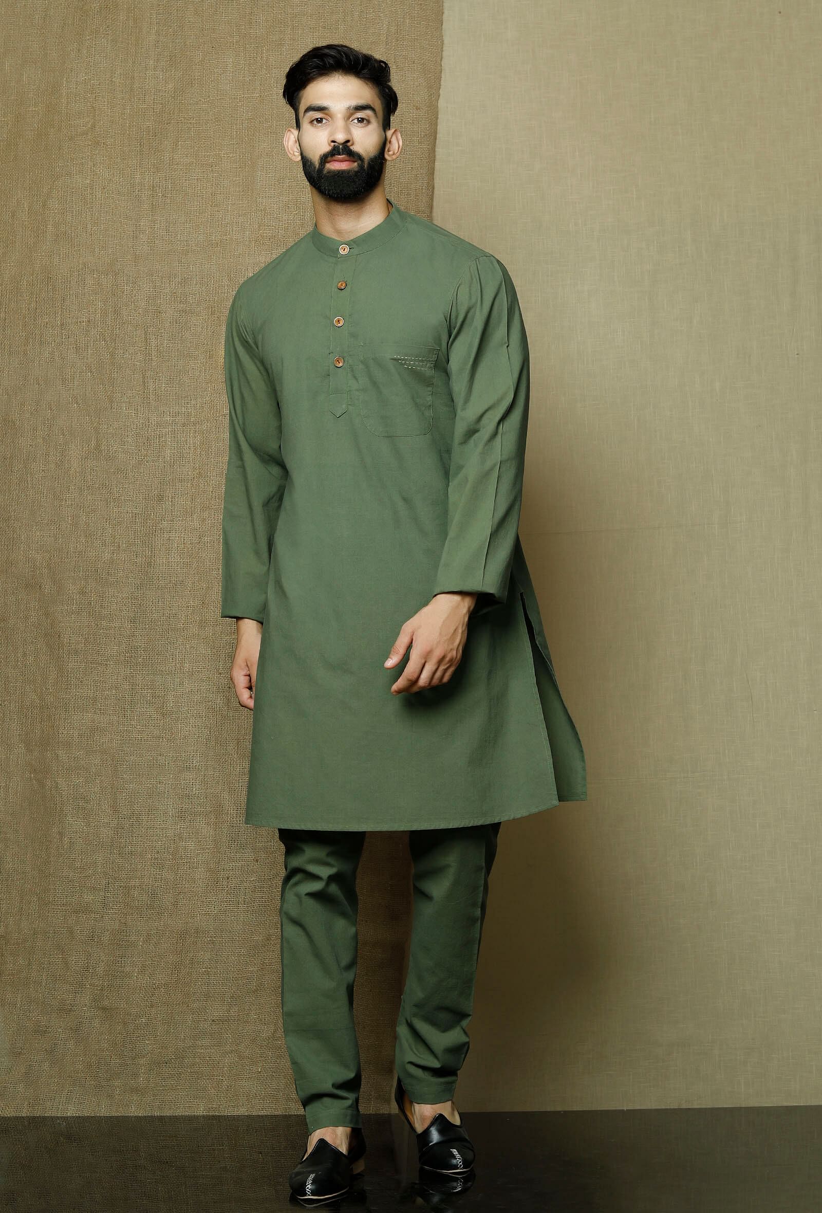 Set of 2:Moss Green Cotton Cambric Kurta and Pyjama